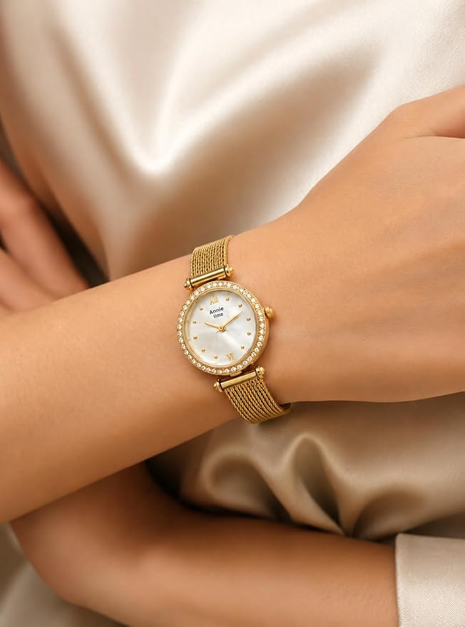 Annie Time Women's Gold-Tone Mesh Watch | White Round Dial | Crystal Bezel