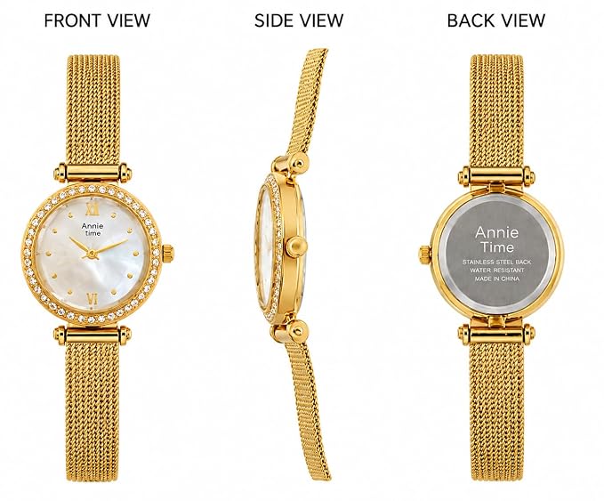 Annie Time Women's Gold-Tone Mesh Watch | White Round Dial | Crystal Bezel