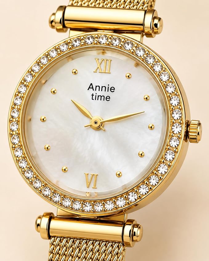 Annie Time Women's Gold-Tone Mesh Watch | White Round Dial | Crystal Bezel