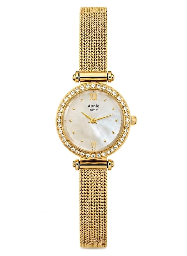 Annie Time Women's Gold-Tone Mesh Watch | White Round Dial | Crystal Bezel