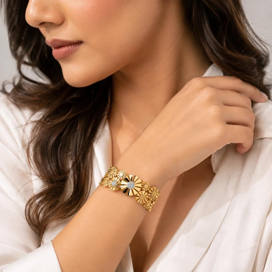 Anti-Tarnish Gold-Tone Floral Crystal Studded Kada Bracelet for Women