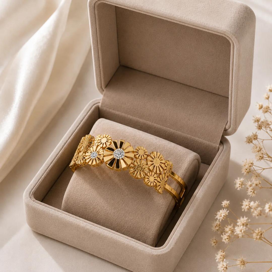 Anti-Tarnish Gold-Tone Floral Crystal Studded Kada Bracelet for Women
