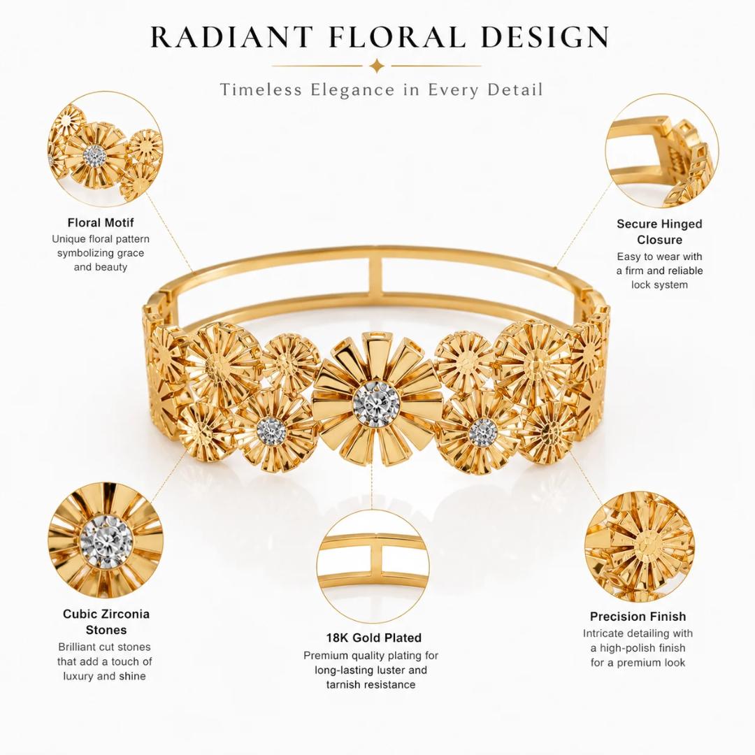 Anti-Tarnish Gold-Tone Floral Crystal Studded Kada Bracelet for Women