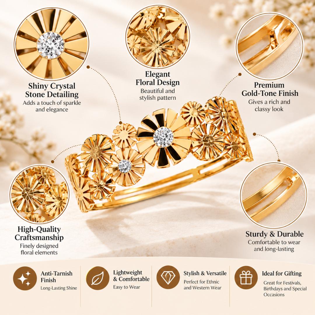 Anti-Tarnish Gold-Tone Floral Crystal Studded Kada Bracelet for Women