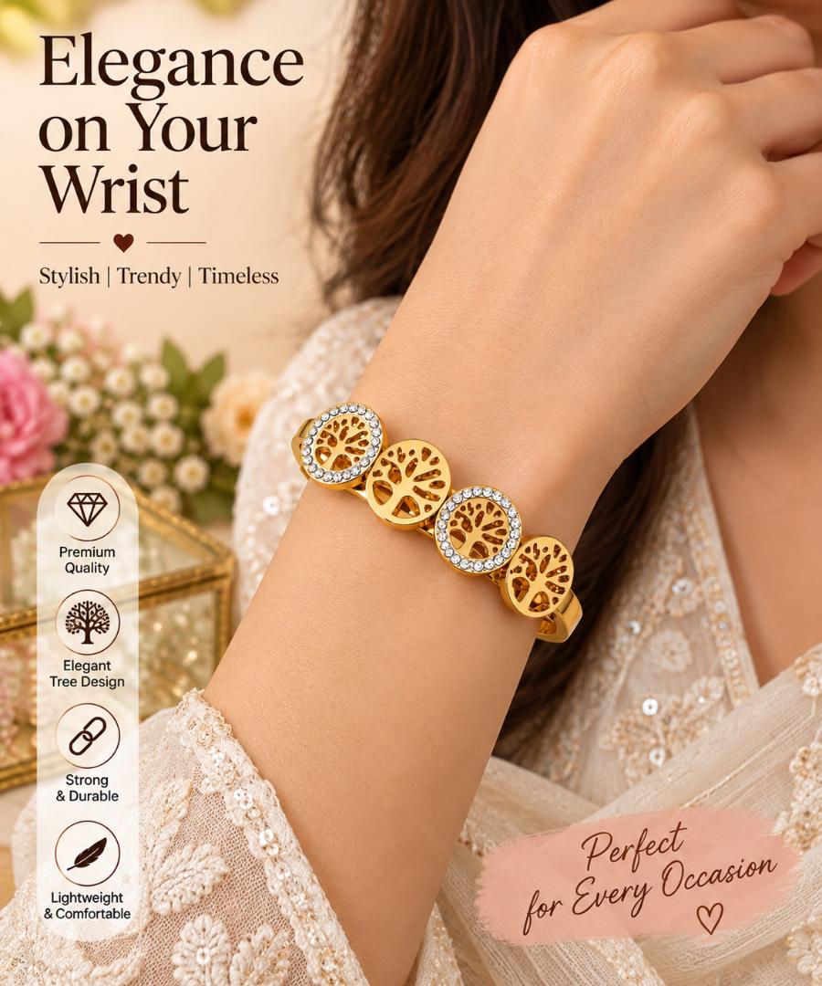 Anti-Tarnish Gold-Tone Tree of Life Crystal Bracelet for Women
