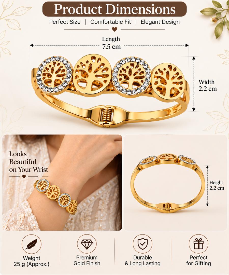 Anti-Tarnish Gold-Tone Tree of Life Crystal Bracelet for Women