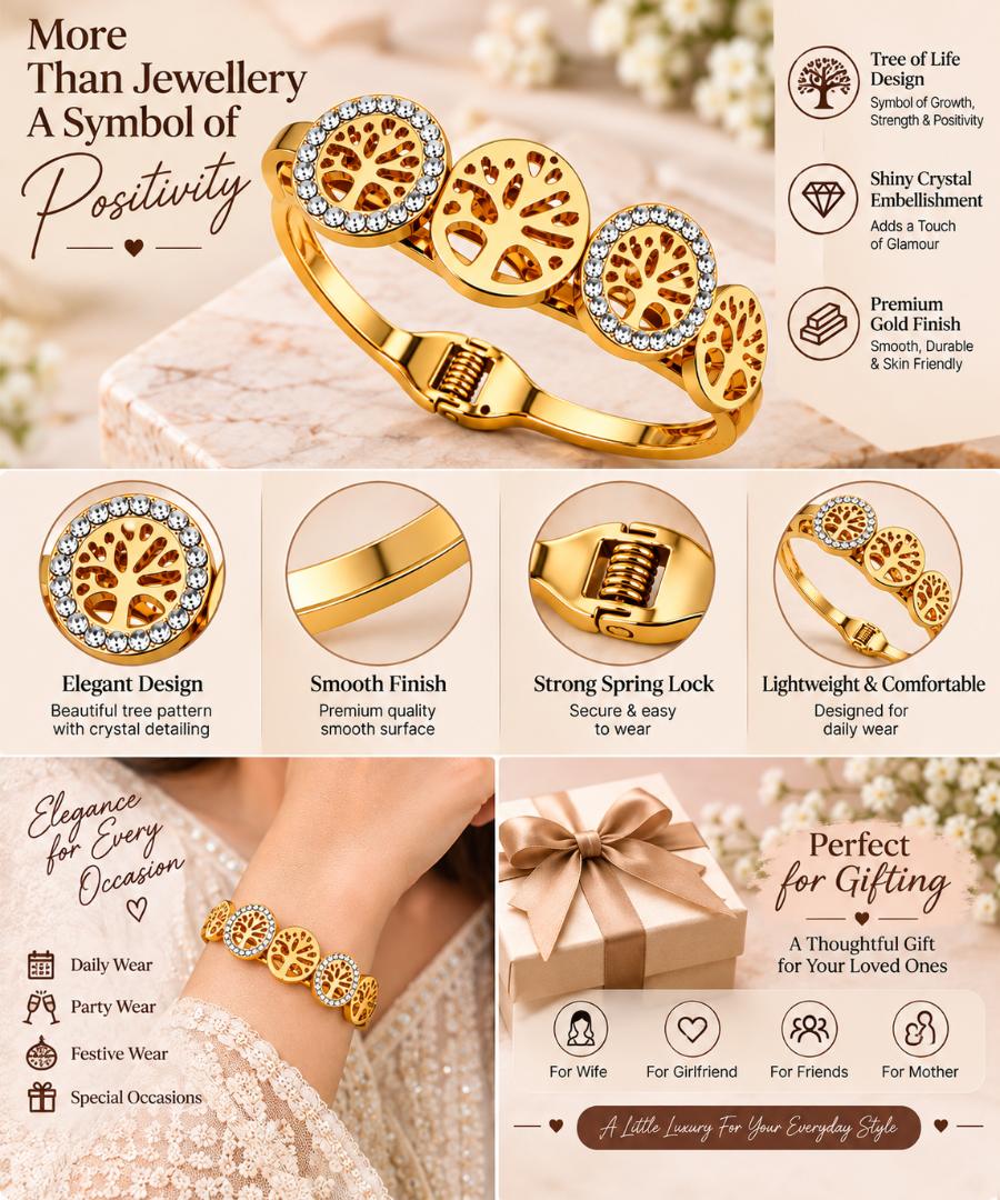 Anti-Tarnish Gold-Tone Tree of Life Crystal Bracelet for Women