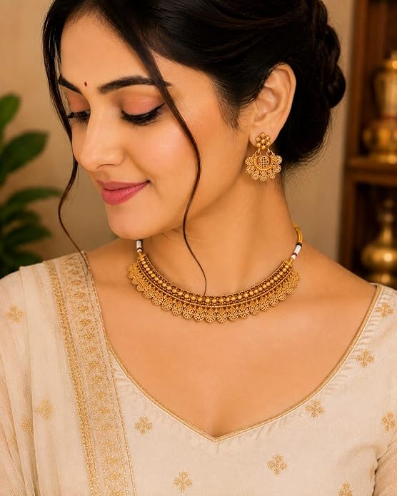 Antique Gold Plated Haram Jade Necklace Earring Set for Women 