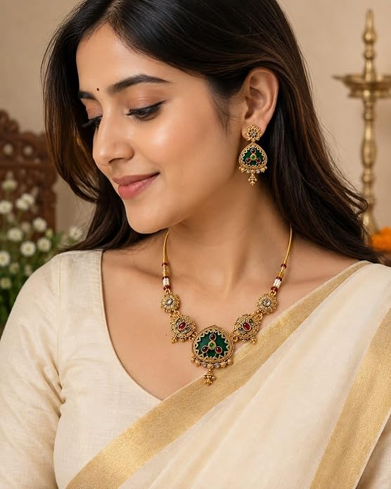 Antique Gold Plated Meenakari Necklace Earring Set for Women 