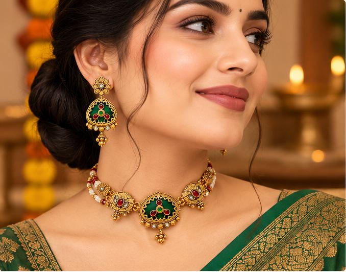 Antique Gold Plated Green Red Meenakari Choker Necklace Set with Matching Earrings for Women