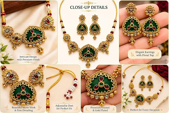 Antique Gold Plated Meenakari Necklace Earring Set for Women 