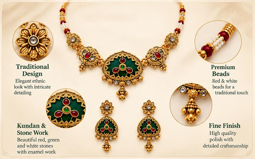 Antique Gold Plated Green Red Meenakari Choker Necklace Set with Matching Earrings for Women