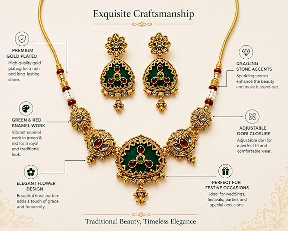 Antique Gold Plated Meenakari Necklace Earring Set for Women 