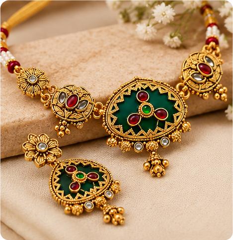 Antique Gold Plated Green Red Meenakari Choker Necklace Set with Matching Earrings for Women