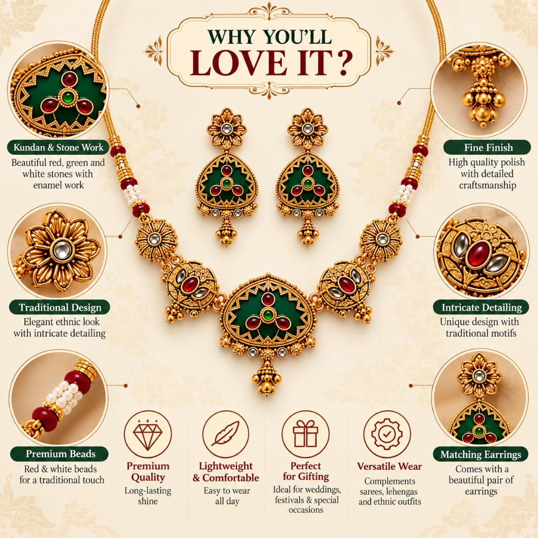 Antique Gold Plated Green Red Meenakari Choker Necklace Set with Matching Earrings for Women