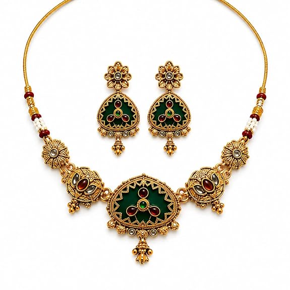 Antique Gold Plated Meenakari Necklace Earring Set for Women 