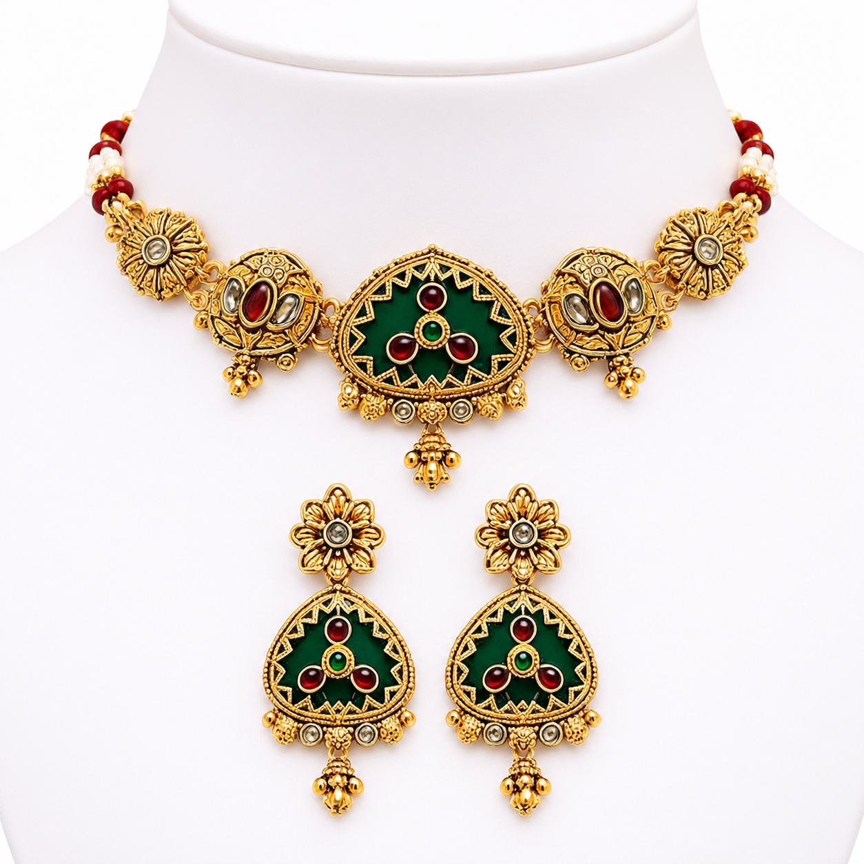 Antique Gold Plated Green Red Meenakari Choker Necklace Set with Matching Earrings for Women