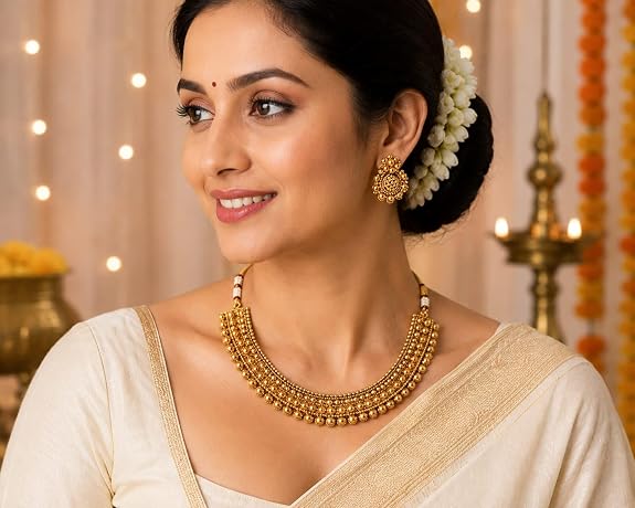 Antique Gold Plated Multi-Layer Beaded Necklace Earring Set for Women
