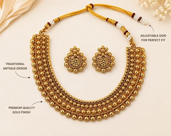 Antique Gold Plated Multi-Layer Beaded Necklace Earring Set for Women
