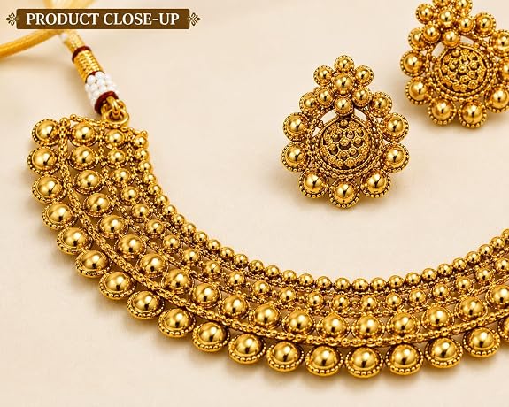 Antique Gold Plated Multi-Layer Beaded Necklace Earring Set for Women