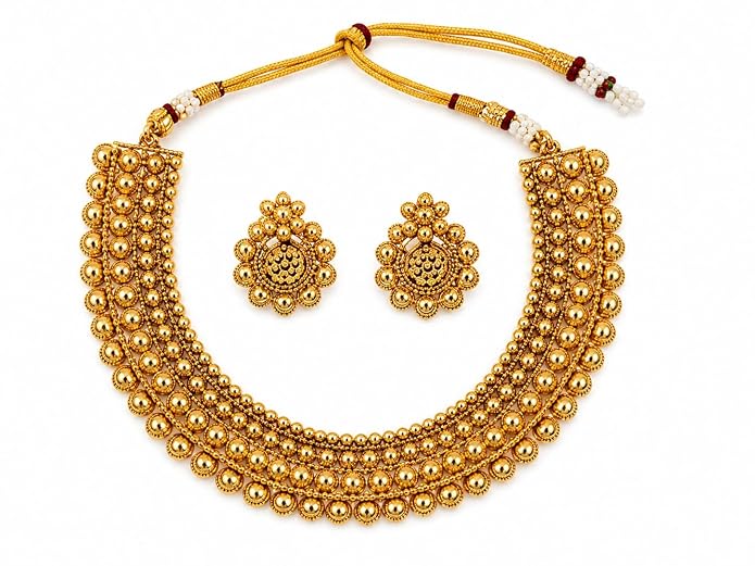 Antique Gold Plated Multi-Layer Beaded Necklace Earring Set for Women