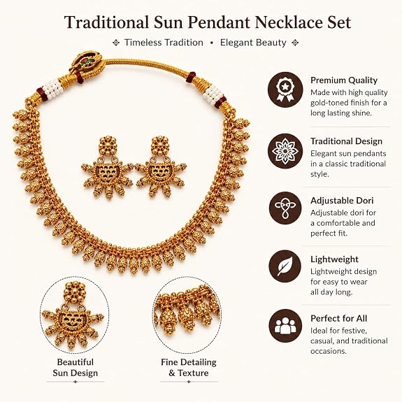 Antique Gold Plated Sun Pendant Necklace Earring Set for Women