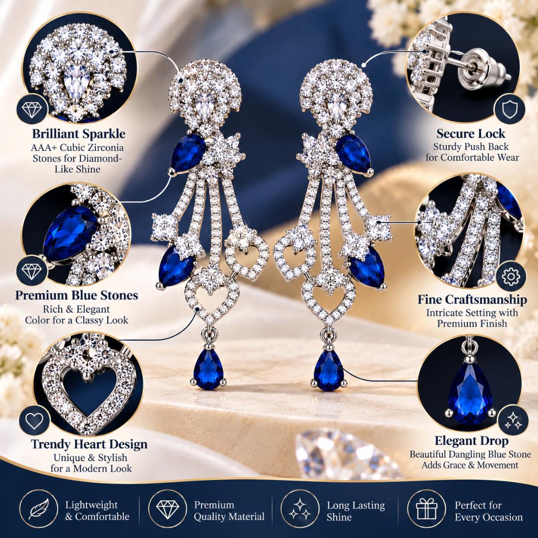 Blue Stone Silver-Tone Crystal Heart Design Long Drop Earrings for Women