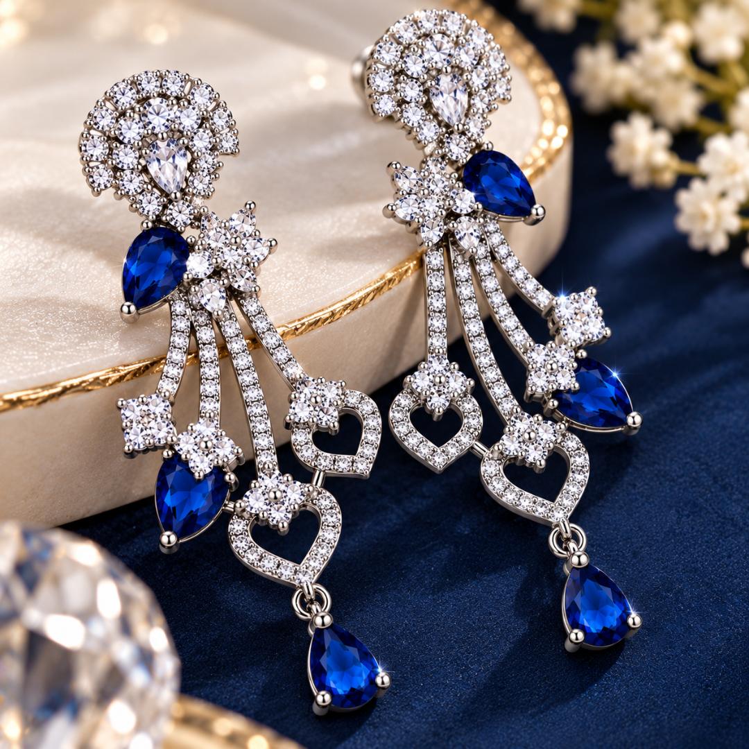 Blue Stone Silver-Tone Crystal Heart Design Long Drop Earrings for Women