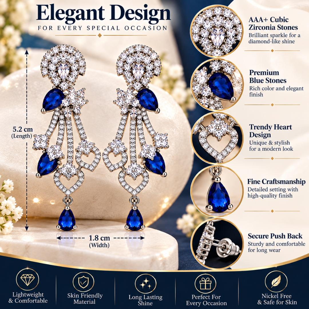 Blue Stone Silver-Tone Crystal Heart Design Long Drop Earrings for Women