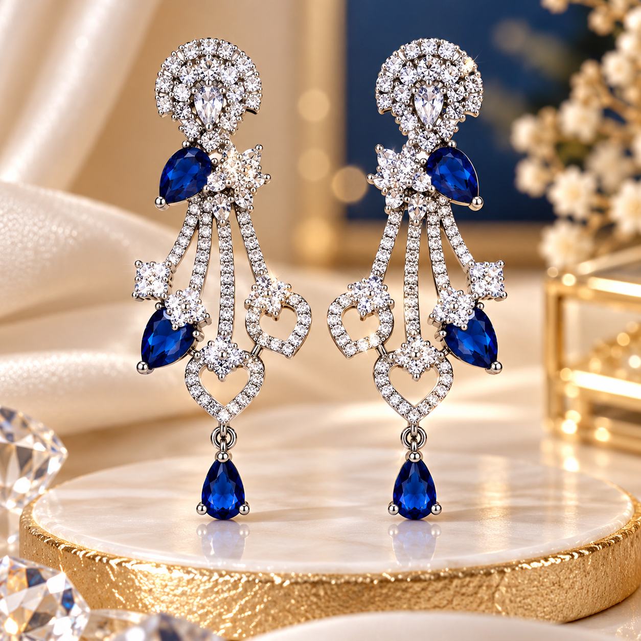 Blue Stone Silver-Tone Crystal Heart Design Long Drop Earrings for Women