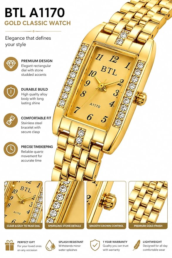BTL A1170 Gold-Tone Analog Watch with Crystal Bracelet
