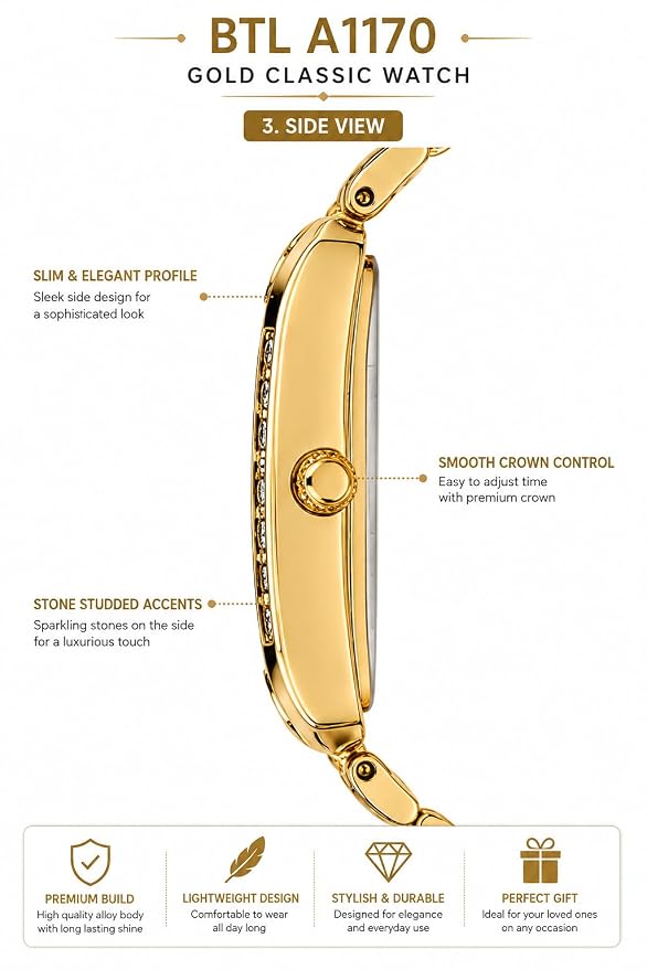 BTL A1170 Gold-Tone Analog Watch with Crystal Bracelet