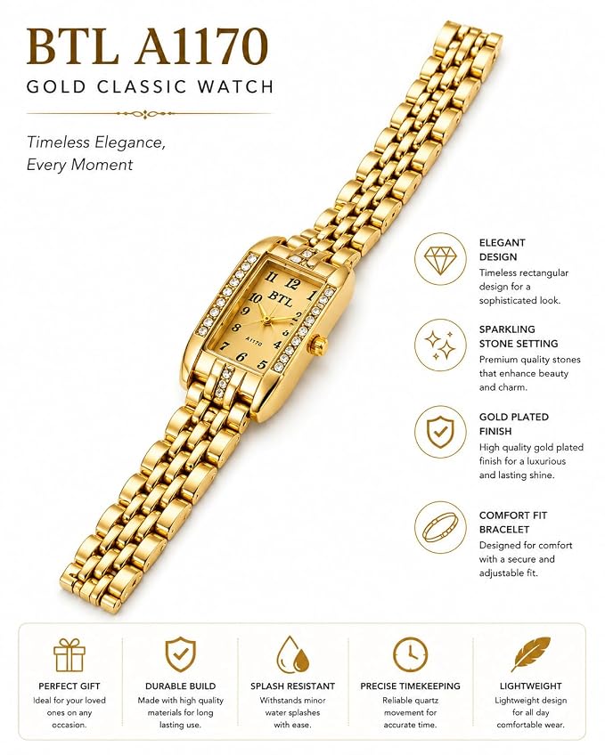 BTL A1170 Gold-Tone Analog Watch with Crystal Bracelet