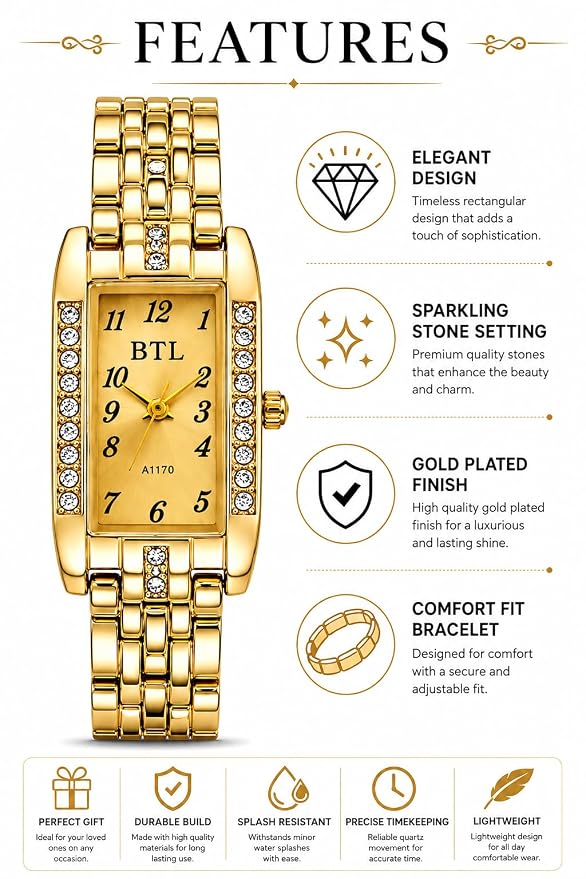 BTL A1170 Gold-Tone Analog Watch with Crystal Bracelet
