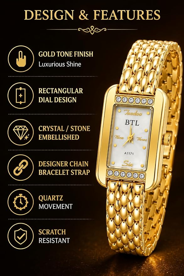 BTL Analog Rectangular Women's Watch Gold Tone Metal Strap