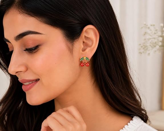 Cherry Charm Stud Earrings for Women | Gold Plated Enamel Studs with Green Leaf Detailing | Cute Fruit Design Earrings for Girls