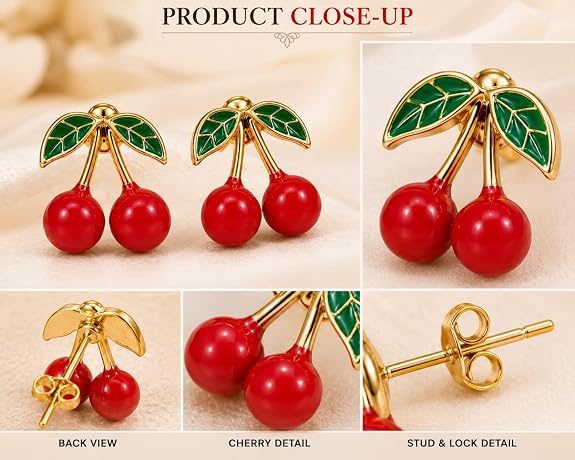 Cherry Charm Stud Earrings for Women | Gold Plated Enamel Studs with Green Leaf Detailing | Cute Fruit Design Earrings for Girls