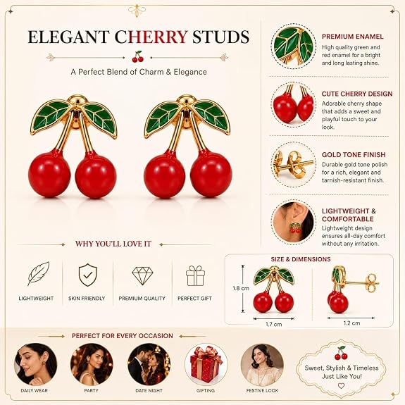 Cherry Charm Stud Earrings for Women | Gold Plated Enamel Studs with Green Leaf Detailing | Cute Fruit Design Earrings for Girls