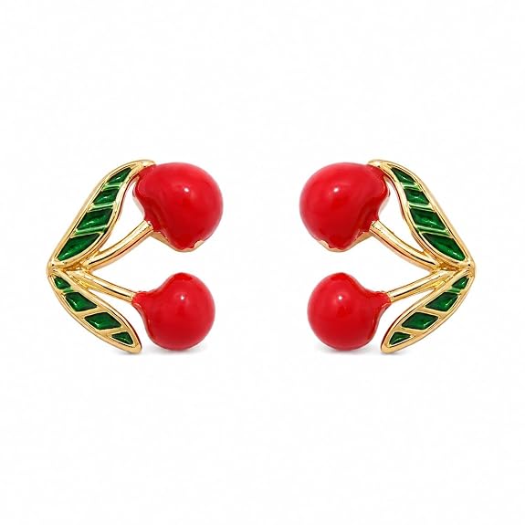 Cherry Charm Stud Earrings for Women | Gold Plated Enamel Studs with Green Leaf Detailing | Cute Fruit Design Earrings for Girls