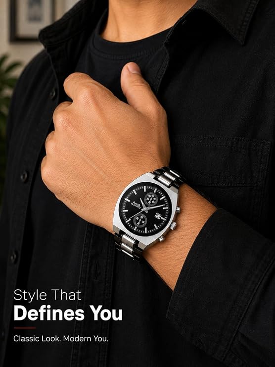Chronograph Look Analog Watch | Stainless Steel Bracelet | Quartz Movement with Date Display, 42mm case