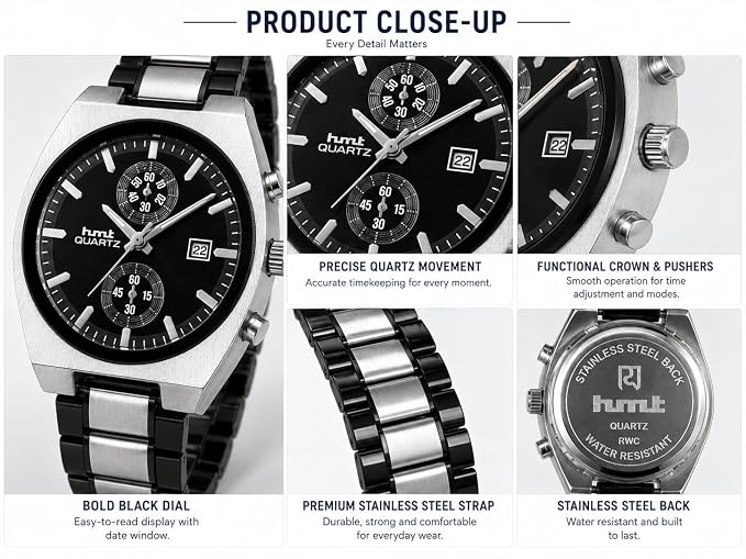 Chronograph Look Analog Watch | Stainless Steel Bracelet | Quartz Movement with Date Display, 42mm case