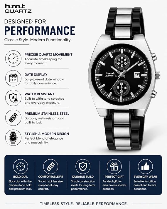 Chronograph Look Analog Watch | Stainless Steel Bracelet | Quartz Movement with Date Display, 42mm case