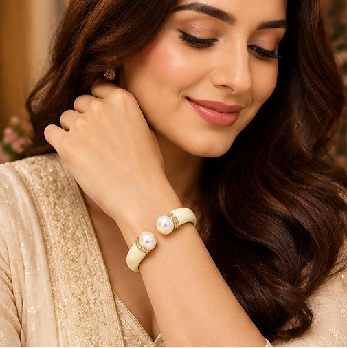 Cream Pearl & Gold-Tone Cuff Bracelet for Women