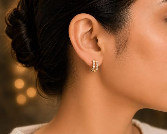 Double Row Huggie Hoop Earrings for Women & Girls | Cubic Zirconia Studded Gold Plated Screw Back Ear Studs | Everyday Small Hoops