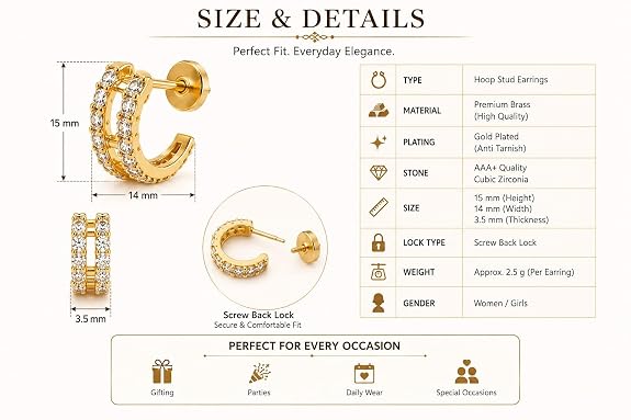Double Row Huggie Hoop Earrings for Women & Girls | Cubic Zirconia Studded Gold Plated Screw Back Ear Studs | Everyday Small Hoops