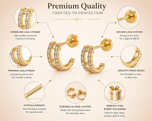Double Row Huggie Hoop Earrings for Women & Girls | Cubic Zirconia Studded Gold Plated Screw Back Ear Studs | Everyday Small Hoops