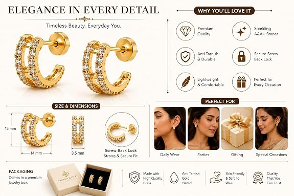 Double Row Huggie Hoop Earrings for Women & Girls | Cubic Zirconia Studded Gold Plated Screw Back Ear Studs | Everyday Small Hoops