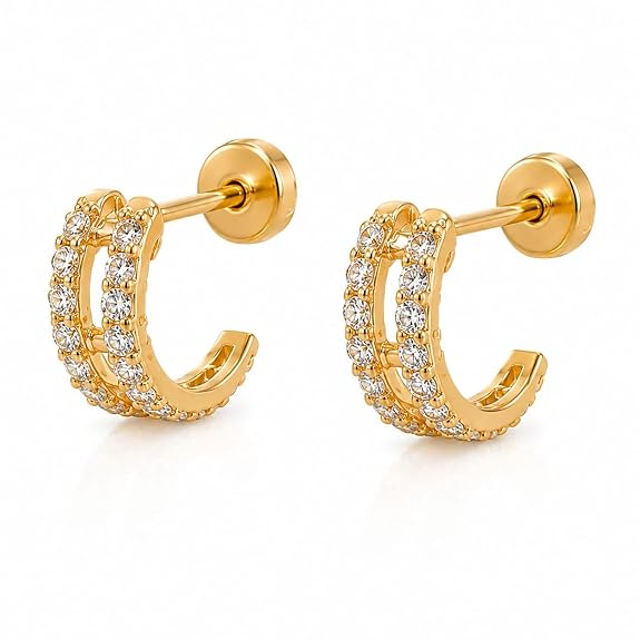 Double Row Huggie Hoop Earrings for Women & Girls | Cubic Zirconia Studded Gold Plated Screw Back Ear Studs | Everyday Small Hoops
