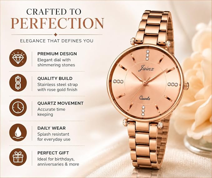 Elegant Analog Watch for Women | Sunburst Dial with Crystal Accents | Stainless Steel | Splash Resistant | Gift for Her