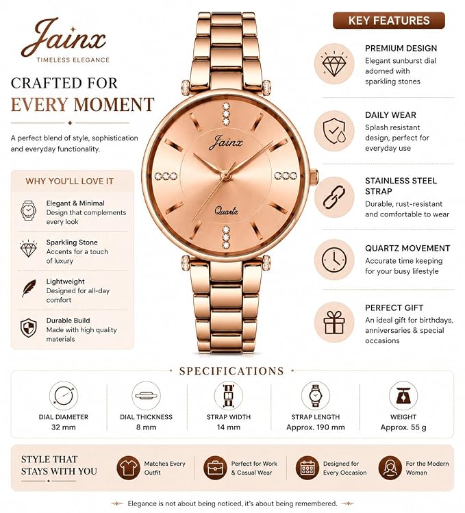 Elegant Analog Watch for Women | Sunburst Dial with Crystal Accents | Stainless Steel | Splash Resistant | Gift for Her